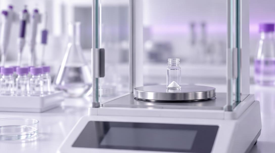 Analytical balance weighing peptide powder in a glass vial