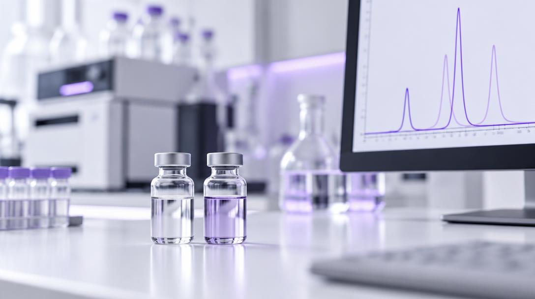Reference vials beside a screen showing analytical peaks