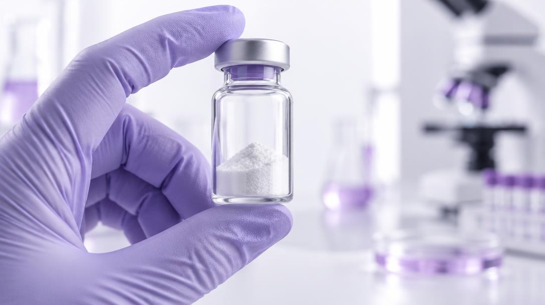 Gloved hand holding a vial of freeze-dried peptide powder