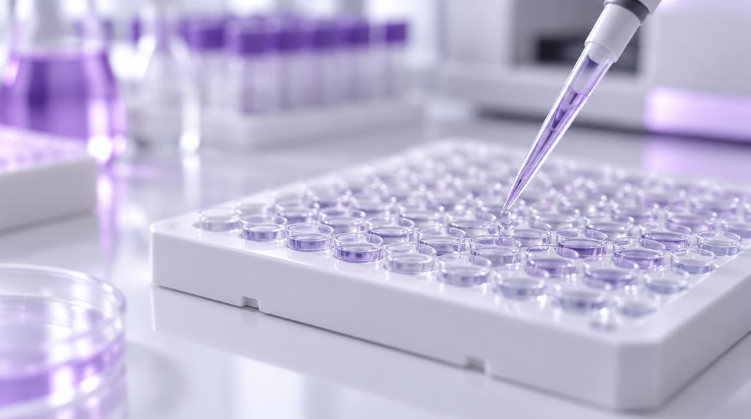 Microplate assay wells with a pipette adding a drop