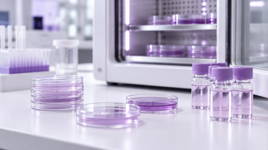 Petri dishes and culture media vials near an incubator