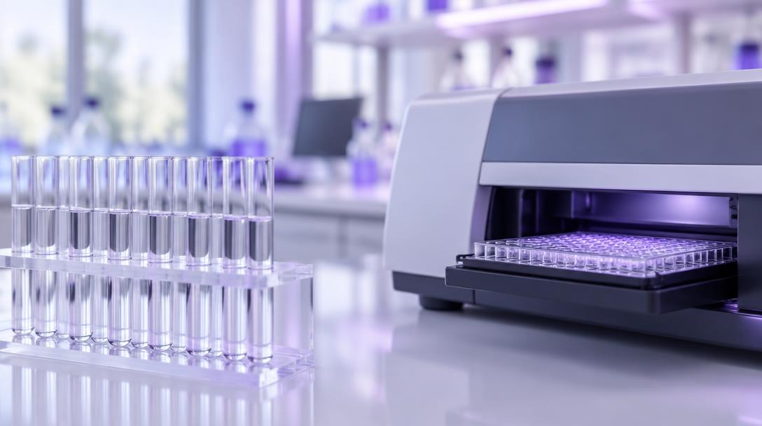 Test tube rack beside a kinetic plate reader