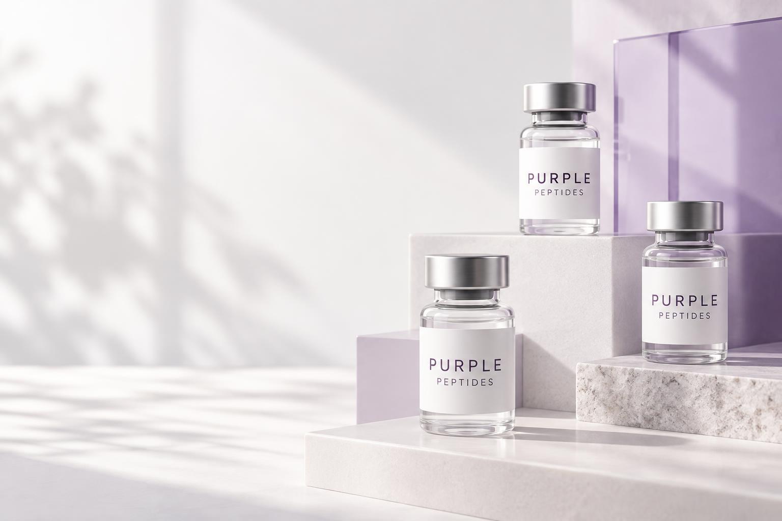 Purple Peptides research vials in a clean documentation setting