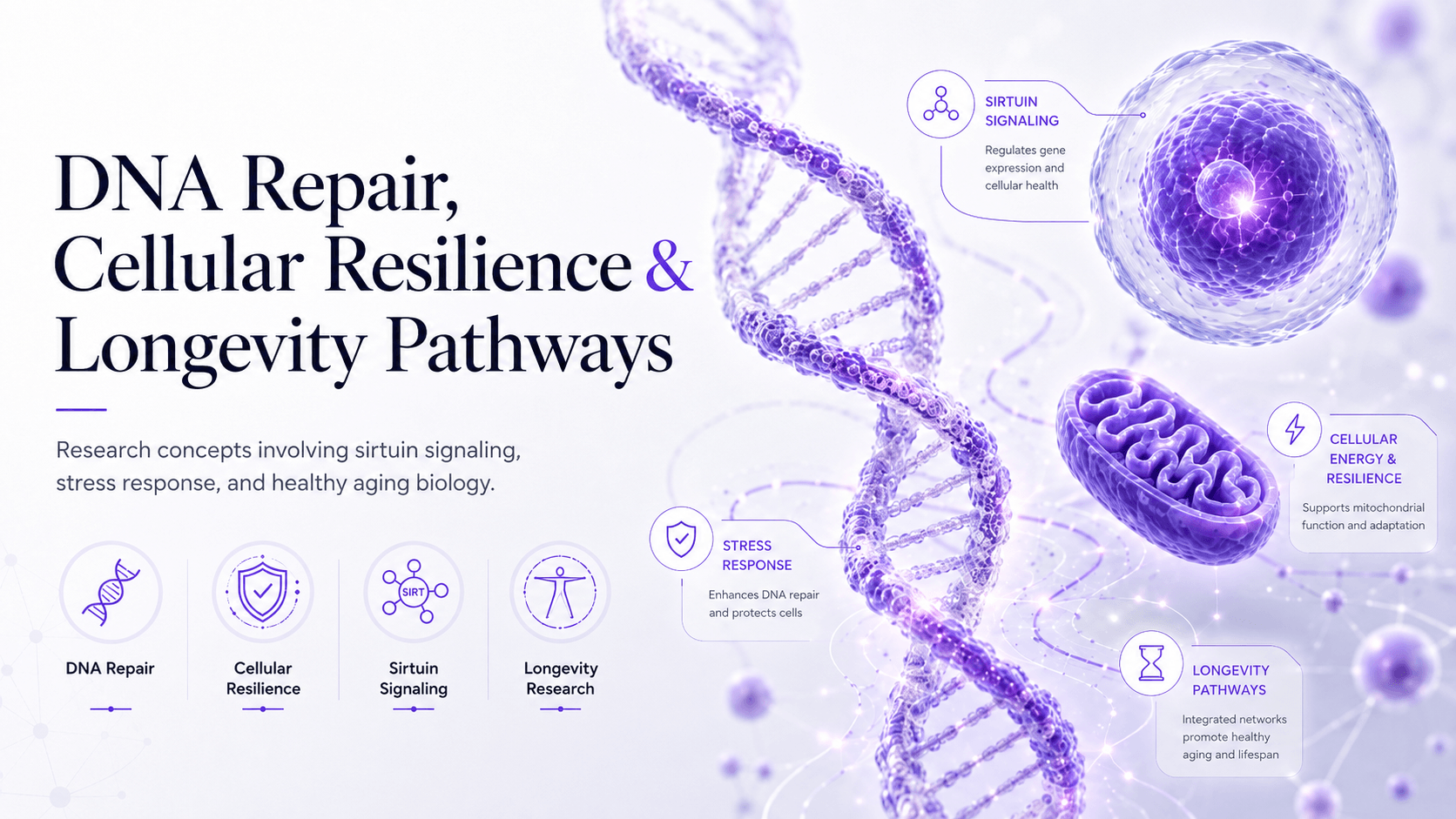NAD+ DNA repair sirtuin longevity cellular resilience research illustration